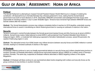 ASSESSMENT:
Political
The Somali Parliament is attempting to impeach Somali President Hassan Sheikh Mahmoud on charges of violating the
constitution. UN Special Envoy to Somalia Nicholas Kay criticized parliament’s move, stating that the Somali federal
government must work to have elections in 2016. Separately, AMISOM commanders acknowledged that their troops were
responsible for shooting civilians in July in Lower Shabelle region. Tensions have remained high between AMISOM forces and
Somali civilians after the incident.
Outlook: The Somali federalization process may collapse completely before it reaches its 2016 deadline, potentially causing
international forces to assist in reinstituting an interim federal government or causing an outbreak of violence in the nation.
Security
Tensions continued in central Somalia between the Somali government-backed forces and Ahlu Sunna wa al Jama’a (ASWJ)
militants. Somali forces made a failed attempt to arrest ASWJ’s self-proclaimed Vice President Abdullahi Hersi Diirshe in
Galgudud region. ASWJ, a moderate Sufi rebel group opposed to Somalia’s federalization process, seized Dhusamareb, the
capital of Galmudug region in June.
Outlook: The attempted arrest of an ASWJ leader may inflame tensions between security forces and ASWJ militants in central
Somalia, leading to a renewed outbreak of clashes in the region.
Al Shabaab
Al Shabaab militants continue to carry out deadly asymmetrical attacks on security forces and civilians despite losing territory in
southern Somalia. Al Shabaab detonated a vehicle-borne improvised explosive device (VBIED) at a military camp in Kismayo,
southern Somalia. The same day, suspected al Shabaab militants detonated a VBIED targeting civilians in the capital,
Mogadishu.
Outlook: Al Shabaab will likely continue to use asymmetrical attack tactics targeting both civilians and security forces as the
group continues to lose territory in southern Somalia.
HORN OF AFRICAGULF OF ADEN
6
 