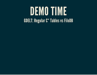 DEMO TIME
GDELT: Regular C* Tables vs FiloDB
 
