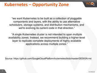 *
Kubernetes – Opportunity Zone
Source: https://github.com/GoogleCloudPlatform/kubernetes/blob/master/DESIGN.md
“we want Kubernetes to be built as a collection of pluggable
components and layers, with the ability to use alternative
schedulers, storage systems, and distribution mechanisms, and
we're evolving its current code in that direction.”
“A single Kubernetes cluster is not intended to span multiple
availability zones. Instead, we recommend building a higher-level
layer to replicate complete deployments of highly available
applications across multiple zones.”
 