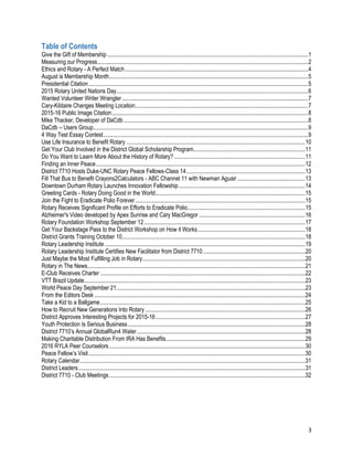 3
Table of Contents
Give the Gift of Membership ..........................................................................................................................................1
Measuring our Progress.................................................................................................................................................2
Ethics and Rotary - A Perfect Match..............................................................................................................................4
August is Membership Month.........................................................................................................................................5
Presidential Citation.......................................................................................................................................................5
2015 Rotary United Nations Day....................................................................................................................................6
Wanted Volunteer Writer Wrangler ................................................................................................................................7
Cary-Kildaire Changes Meeting Location.......................................................................................................................7
2015-16 Public Image Citation.......................................................................................................................................8
Mike Thacker, Developer of DaCdb...............................................................................................................................8
DaCdb – Users Group....................................................................................................................................................9
4 Way Test Essay Contest.............................................................................................................................................9
Use Life Insurance to Benefit Rotary ...........................................................................................................................10
Get Your Club Involved in the District Global Scholarship Program.............................................................................11
Do You Want to Learn More About the History of Rotary? ..........................................................................................11
Finding an Inner Peace................................................................................................................................................12
District 7710 Hosts Duke-UNC Rotary Peace Fellows-Class 14..................................................................................13
Fill That Bus to Benefit Crayons2Calculators - ABC Channel 11 with Newman Aguair...............................................13
Downtown Durham Rotary Launches Innovation Fellowship.......................................................................................14
Greeting Cards - Rotary Doing Good in the World.......................................................................................................15
Join the Fight to Eradicate Polio Forever.....................................................................................................................15
Rotary Receives Significant Profile on Efforts to Eradicate Polio.................................................................................15
Alzheimer's Video developed by Apex Sunrise and Cary MacGregor .........................................................................16
Rotary Foundation Workshop September 12...............................................................................................................17
Get Your Backstage Pass to the District Workshop on How it Works..........................................................................18
District Grants Training October 10..............................................................................................................................18
Rotary Leadership Institute..........................................................................................................................................19
Rotary Leadership Institute Certifies New Facilitator from District 7710 ......................................................................20
Just Maybe the Most Fulfilling Job in Rotary................................................................................................................20
Rotary in The News......................................................................................................................................................21
E-Club Receives Charter .............................................................................................................................................22
VTT Brazil Update........................................................................................................................................................23
World Peace Day September 21..................................................................................................................................23
From the Editors Desk .................................................................................................................................................24
Take a Kid to a Ballgame.............................................................................................................................................25
How to Recruit New Generations Into Rotary ..............................................................................................................26
District Approves Interesting Projects for 2015-16.......................................................................................................27
Youth Protection Is Serious Business..........................................................................................................................28
District 7710’s Annual GlobalRun4 Water....................................................................................................................28
Making Charitable Distribution From IRA Has Benefits................................................................................................29
2016 RYLA Peer Counselors.......................................................................................................................................30
Peace Fellow’s Visit.....................................................................................................................................................30
Rotary Calendar...........................................................................................................................................................31
District Leaders............................................................................................................................................................31
District 7710 - Club Meetings.......................................................................................................................................32
 