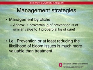 OHIO STATE UNIVERSITY EXTENSION
Management strategies
• Management by cliché:
– Approx. 1 proverbial g of prevention is of
similar value to 1 proverbial kg of cure!
• i.e., Prevention or at least reducing the
likelihood of bloom issues is much more
valuable than treatment.
 
