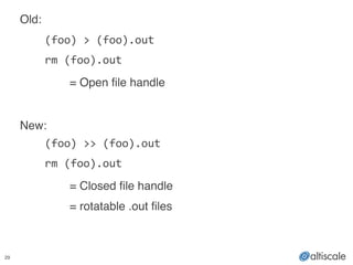 29
Old:!
! (foo)	
  >	
  (foo).out	
  
	
   rm	
  (foo).out	
  
	
   	
   = Open file handle!
!
New:!
	
   (foo)	
  >>	
  (foo).out	
  
	
   rm	
  (foo).out	
  
! ! = Closed file handle!
! ! = rotatable .out files!
 