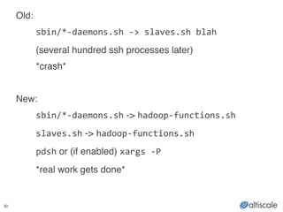 30
Old:!
! sbin/*-­‐daemons.sh	
  -­‐>	
  slaves.sh	
  blah!
! (several hundred ssh processes later)!
! *crash*! !
!
New:!
! sbin/*-­‐daemons.sh -> hadoop-­‐functions.sh	
  
! slaves.sh -> hadoop-­‐functions.sh	
  
! pdsh or (if enabled) xargs	
  -­‐P!
! *real work gets done*
 