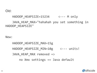 34
!
Old:!
! HADOOP_HEAPSIZE=15234	
  	
  	
  	
  	
  <-­‐-­‐-­‐	
  M	
  only	
  
	
   JAVA_HEAP_MAX="hahahah	
  you	
  set	
  something	
  in	
  
HADOOP_HEAPSIZE"	
  
!
New:!
! HADOOP_HEAPSIZE_MAX=15g	
  
	
   HADOOP_HEAPSIZE_MIN=10g	
  	
  	
  	
  <-­‐-­‐-­‐	
  units!	
  
	
   JAVA_HEAP_MAX	
  removed	
  =>	
  
	
   	
   no	
  Xmx	
  settings	
  ==	
  Java	
  default	
  
 