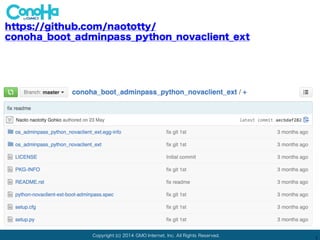 Copyright (c) 2014 GMO Internet, Inc. All Rights Reserved.
1
https://github.com/naototty/
conoha_boot_adminpass_python_novaclient_ext
setup.py
以下、pipとかでセットアップ用:
novaclient が 拡張機能なので、require
 