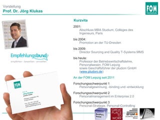 Vorstellung
Prof. Dr. Jörg Klukas
2001:
Abschluss MBA Studium, Colleges des
Ingenieurs, Paris
bis 2004:
Promotion an der TU-Dresden
bis 2009:
Director Sourcing and Quality T-Systems MMS
bis heute:
Professor der Betriebswirtschaftslehre,
Personalwesen, FOM Leipzig
sowie Geschäftsführer der pludoni GmbH
(www.pludoni.de)
An der FOM Leipzig seit 2011
Forschungsschwerpunkt 1
Personalgewinnung, -binding und -entwicklung
Forschungsschwerpunkt 2
Personalmanagement im Enterprise 2.0
Forschungsschwerpunkt 3
Personal-Strategie, Personal-Controlling
Kurzvita
 