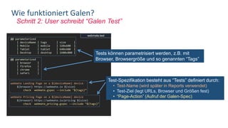 Schritt 2: User schreibt “Galen Test”
Wie funktioniert Galen?
@@ parameterized
| deviceName | tags | size |
| Mobile | mobile | 320x600 |
| Tablet | tablet | 640x480 |
| Desktop | desktop | 1600x800 |
@@ parameterized
| browser |
| firefox |
| chrome |
| safari |
webmate Landing Page on a ${deviceName} device
${browser} https://webmate.io ${size}
check webmate.gspec --include "${tags}”
webmate Pricing Page on a ${deviceName} device
${browser} https://webmate.io/pricing ${size}
check webmate_pricing.gspec --include "${tags}"
Tests können parametrisiert werden, z.B. mit
Browser, Browsergröße und so genannten “Tags”
Test-Spezifikation besteht aus “Tests” definiert durch:
• Test-Name (wird später in Reports verwendet)
• Test-Ziel (legt URLs, Browser und Größen fest)
• “Page-Action” (Aufruf der Galen-Spec)
webmate.test
 