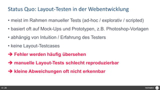 Status Quo: Layout-Testen in der Webentwicklung
• meist im Rahmen manueller Tests (ad-hoc / explorativ / scripted)
• basiert oft auf Mock-Ups und Prototypen, z.B. Photoshop-Vorlagen
• abhängig von Intuition / Erfahrung des Testers
• keine Layout-Testcases
 Fehler werden häufig übersehen
 manuelle Layout-Tests schlecht reproduzierbar
 kleine Abweichungen oft nicht erkennbar
8 / 28
 