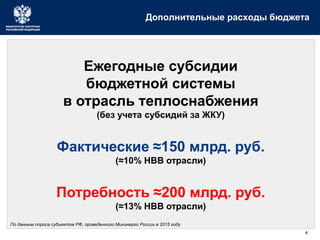 4
Дополнительные расходы бюджета
Ежегодные субсидии
бюджетной системы
в отрасль теплоснабжения
(без учета субсидий за ЖКУ)
Фактические ≈150 млрд. руб.
(≈10% НВВ отрасли)
Потребность ≈200 млрд. руб.
(≈13% НВВ отрасли)
По данным опроса субъектов РФ, проведенного Минэнерго России в 2015 году
 