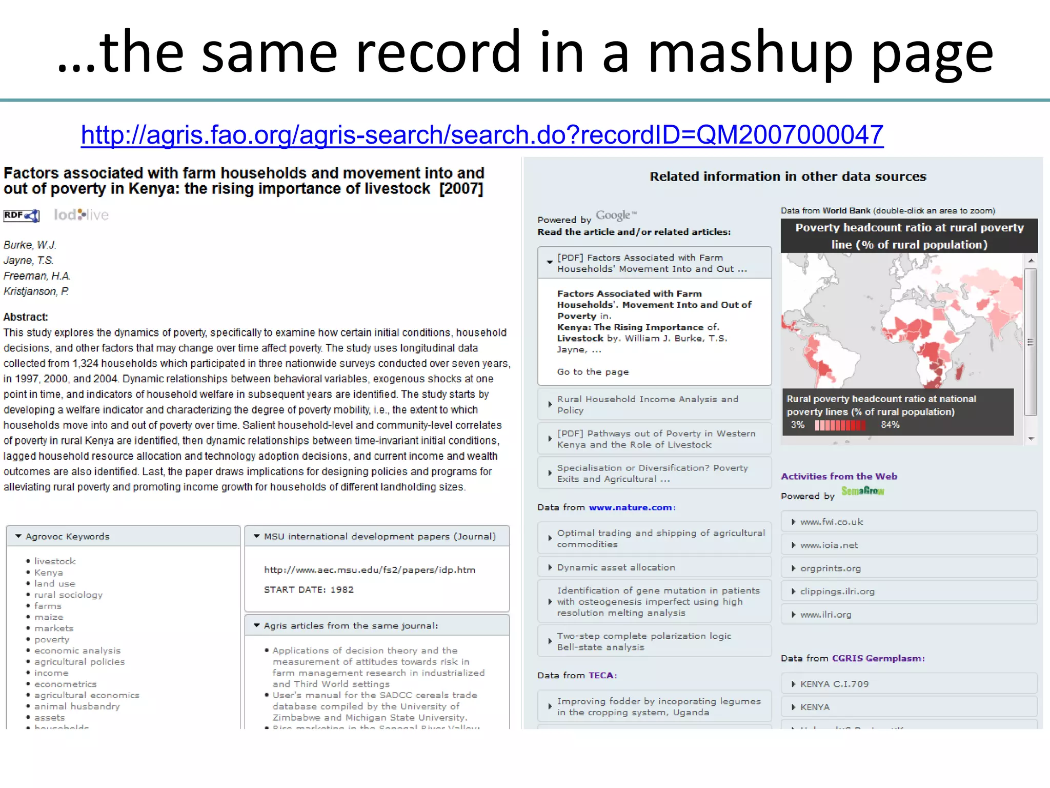 …the same record in a mashup page
http://agris.fao.org/agris-search/search.do?recordID=QM2007000047
 