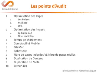 @BrioudeInternet / @YannickSocquet
Les points d’Audit
1 Optimisation des Pages
a. Les Balises
b. Maillage
c. URL
2 Optimisation des images
a. La Balise ALT
b. Nom du fichier
3 Temps de chargement
4 Comptabilité Mobile
5 SiteMap
6 Robots.txt
7 Nbre de pages indexées VS Nbre de pages réelles
8 Duplication de Contenu
9 Duplication de Meta
10 Erreur 404
 