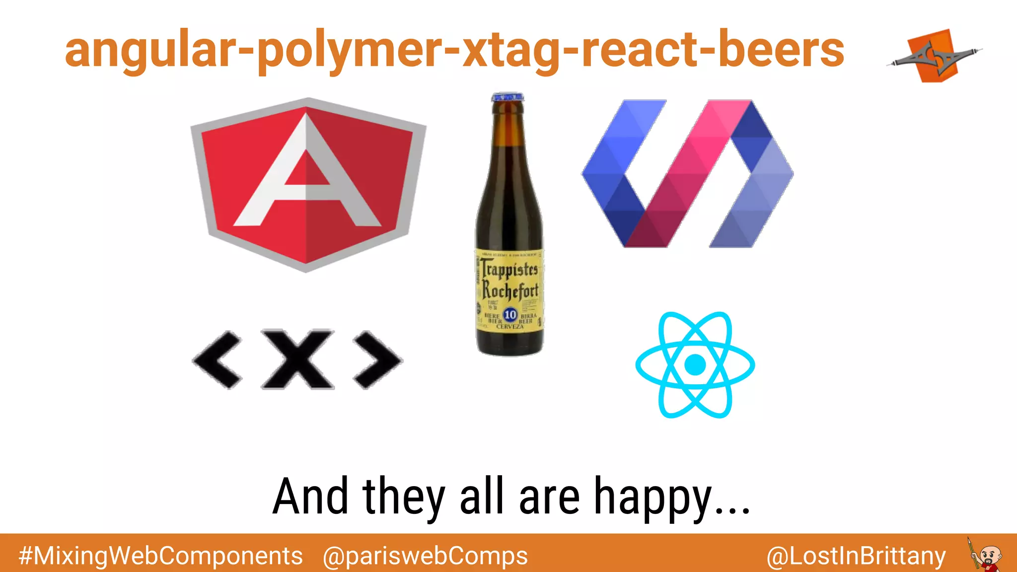 @LostInBrittany#MixingWebComponents @pariswebComps
angular-polymer-xtag-react-beers
And they all are happy...
 