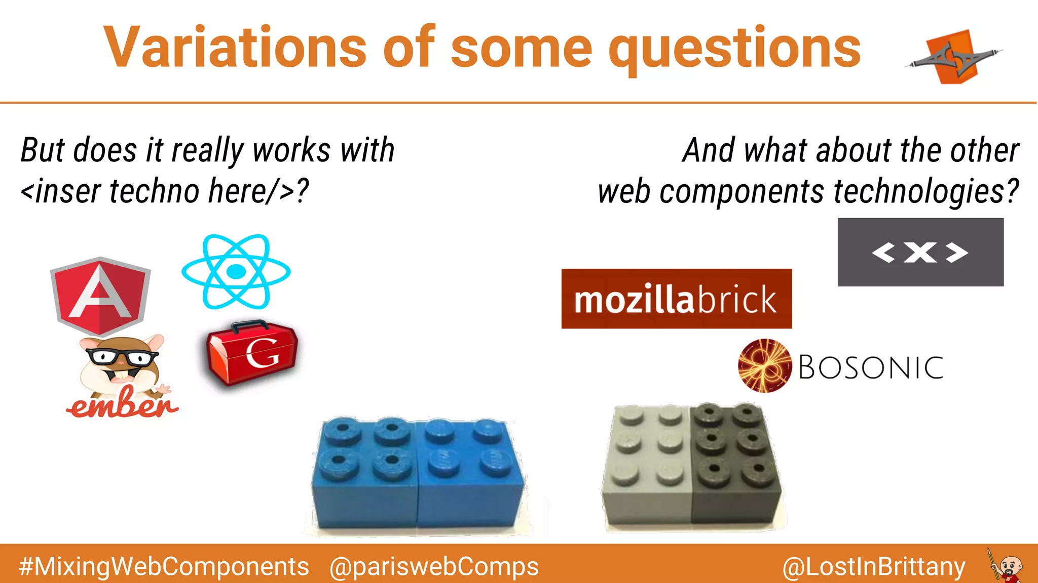 @LostInBrittany#MixingWebComponents @pariswebComps
Variations of some questions
But does it really works with
<inser techno here/>?
And what about the other
web components technologies?
 