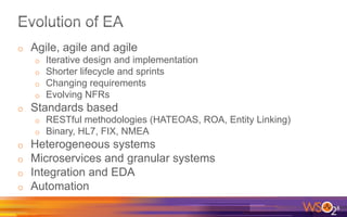 o  Agile, agile and agile
o  Iterative design and implementation
o  Shorter lifecycle and sprints
o  Changing requirements
o  Evolving NFRs
o  Standards based
o  RESTful methodologies (HATEOAS, ROA, Entity Linking)
o  Binary, HL7, FIX, NMEA
o  Heterogeneous systems
o  Microservices and granular systems
o  Integration and EDA
o  Automation
8	
  
 