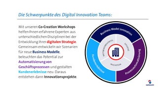 Die Schwerpunkte des Digital Innovation Teams:
Mit unseren Co-Creation Workshops
helfenIhnen erfahrene Experten aus
unterschiedlichenDisziplinenbei der
Entwicklung Ihrerdigitalen Strategie.
Gemeinsam entwickeln wir Szenarien
für neue Business Modelle,
beleuchten das Potential zur
Automatisierungvon
Geschäftsprozessen und gestalten
Kundenerlebnisse neu. Daraus
entstehen dann Innovationsprojekte.
 