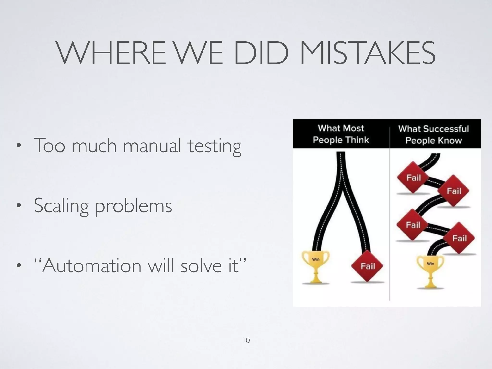 WHERE WE DID MISTAKES
• Too much manual testing
• Scaling problems
• “Automation will solve it”
10
 