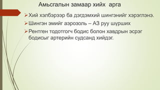 Амьсгалын замаар хийх арга
Хий хэлбэрээр ба дэгдэмхий шингэнийг хэрэглэнэ.
Шингэн эмийг аэрозоль – АЗ руу шүрших
Рентген тодотгогч бодис болон хавдрын эсрэг
бодисыг артерийн судсанд хийдэг.
 