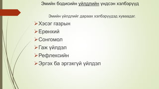 Эмийн бодисийн үйлдлийн үндсэн хэлбэрүүд
Эмийн үйлдлийг дараах хэлбэрүүдэд хуваадаг.
Хэсэг газрын
Ерөнхий
Сонгомол
Гаж үйлдэл
Рефлексийн
Эргэх ба эргэхгүй үйлдэл
 