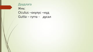 Дуудлага
Жнь:
Oculus –окулус –нүд
Gutta – гутта - дусал
 