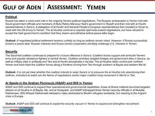 ASSESSMENT:
Political
Russia has taken a more overt role in the ongoing Yemeni political negotiations. The Russian ambassador to Yemen met with
Saudi government officials and members of Abdu Rabbu Mansour Hadi’s government in Riyadh and then met with al Houthi
representatives in Sana’a. A delegation of al Houthi and General People’s Congress representatives then traveled to Oman to
meet with the UN envoy to Yemen. The al Houthis continue to express openness toward negotiations, but have refused to
accept the Hadi government’s condition that they disarm and withdraw before peace talks begin.
Outlook: A negotiated political settlement remains unlikely as long as redlines remain intact. However, if Russia successfully
brokers a peace deal, Russian interests and Russo-Iranian cooperation will likely challenge U.S. interests in Yemen.
Security
The Saudi-led coalition continues to prepare for a future offensive in Sana’a. Coalition forces support anti-al Houthi Yemeni
army and popular resistance fighters in central Yemen. Coalition airstrikes targeted bridges and government sites in Sana’a, as
well as military sites in al Bayda and Taiz and al Houthi strongholds in Sa’ada. The al Houthis retain control over northern
Yemen and have fixed the coalition forces along a frontline running from Taiz through southern al Bayda and western Ma’rib.
Outlook: It is not yet clear whether the coalition intends to seize Sana’a or to pressure the al Houthis into abandoning their
redlines. Indicators to watch are the failure of negotiations and/or major coalition troop movement in Ma’rib or Taiz.
Al Qaeda in the Arabian Peninsula (AQAP) and ISIS in Yemen
AQAP and ISIS continue to expand their operational and governmental capabilities. Ansar al Sharia militants launched targeted
attacks on al Houthis in al Bayda, Ibb, and al Hudaydah, and AQAP kidnapped three Yemeni security officials in al Mukalla,
Hadramawt. ISIS Wilayat Hadramawt released a video addressed to Muslim refugees worldwide, but reacting to the migrant
crisis in Europe.
Outlook: AQAP and ISIS will continue to exploit the security vacuum in Yemen to expand and strengthen recruitment.
4
YEMENGULF OF ADEN
 