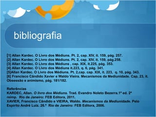 bibliografia
32
[1] Allan Kardec. O Livro dos Médiuns. Pt. 2, cap. XIV, it. 159, pág. 257.
[2] Allan Kardec. O Livro dos Médiuns. Pt. 2, cap. XIV, it. 159, pág.258.
[3] Allan Kardec. O Livro dos Médiuns , cap. XIX, it.225, pág. 353.
[4] Allan Kardec. O Livro dos Médiuns it.223, q. 6, pág. 341.
[5]Allan Kardec. O Livro dos Médiuns. Pt. 2,cap. cap. XIX, it. 223, q. 10, pág. 343.
[6] Francisco Cândido Xavier e Waldo Vieira. Mecanismos da Mediunidade. Cap, 23, it.
Obsessão e animismo, pág. 181/182.
Referências
KARDEC, Allan. O livro dos Médiuns. Trad. Evandro Noleto Bezerra.1ª ed. 2ª
reimp. Rio de Janeiro: FEB Editora, 2011.
XAVIER, Francisco Cândido e VIEIRA, Waldo. Mecanismos da Mediunidade. Pelo
Espírito André Luiz. 26.ª Rio de Janeiro: FEB Editora, 2006.
 