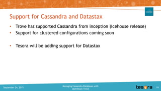 Support for Cassandra and Datastax
• Trove has supported Cassandra from inception (Icehouse release)
• Support for cluster...
