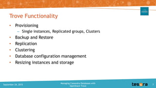 Trove Functionality
• Provisioning
– Single instances, Replicated groups, Clusters
• Backup and Restore
• Replication
• Cl...