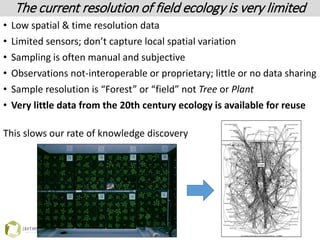 The current resolution of field ecology is very limited
• Low spatial & time resolution data
• Limited sensors; don’t capture local spatial variation
• Sampling is often manual and subjective
• Observations not-interoperable or proprietary; little or no data sharing
• Sample resolution is “Forest” or “field” not Tree or Plant
• Very little data from the 20th century ecology is available for reuse
This slows our rate of knowledge discovery
 
