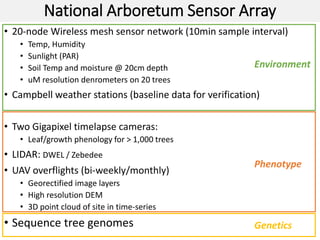 National Arboretum Sensor Array
• 20-node Wireless mesh sensor network (10min sample interval)
• Temp, Humidity
• Sunlight (PAR)
• Soil Temp and moisture @ 20cm depth
• uM resolution denrometers on 20 trees
• Campbell weather stations (baseline data for verification)
• Two Gigapixel timelapse cameras:
• Leaf/growth phenology for > 1,000 trees
• LIDAR: DWEL / Zebedee
• UAV overflights (bi-weekly/monthly)
• Georectified image layers
• High resolution DEM
• 3D point cloud of site in time-series
• Sequence tree genomes
Environment
Phenotype
Genetics
 