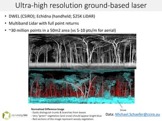 Ultra-high resolution ground-based laser
• DWEL (CSIRO); Echidna (handheld; $25K LiDAR)
• Multiband Lidar with full point returns
• ~30 million points in a 50m2 area (vs 5-10 pts/m for aerial)
Data: Michael.Schaefer@csiro.au
 