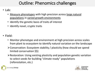 Outline: Phenomics challenges
• Lab:
• Measure phenotypes with high precision across large natural
populations in varied growth environments
• Identify the genetic basis of traits of interest
• Identify novel, cryptic traits
• Field:
• Monitor phenotype and environment at high precision across scales
from plant to ecosystem to identify natural variation on the landscape
Conservation: Ecosystem stability / plasticity (how should we spend
limited conservation $$)
Restoration: Using existing plasticity and population genetic variation
to select seeds for building “climate ready” populations
(reforestation, etc.)
 