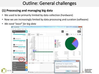 Outline: General challenges
(1) Processing and managing big data
• We used to be primarily limited by data collection (hardware)
• Now we are increasingly limited by data processing and curation (software)
• We need “excel” for big data
 