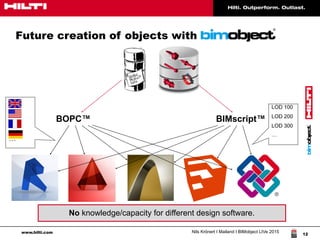 www.hilti.com Nils Krönert I Mailand I BIMobject LIVe 2015
12
Future creation of objects with
No knowledge/capacity for different design software.
BIMscript™BOPC™
…
LOD 100
LOD 200
LOD 300
…
 