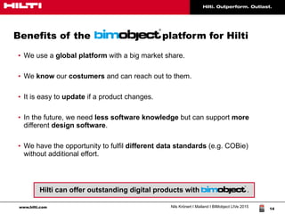 www.hilti.com Nils Krönert I Mailand I BIMobject LIVe 2015
14
• We use a global platform with a big market share.
• We know our costumers and can reach out to them.
• It is easy to update if a product changes.
• In the future, we need less software knowledge but can support more
different design software.
• We have the opportunity to fulfil different data standards (e.g. COBie)
without additional effort.
Benefits of the platform for Hilti
Hilti can offer outstanding digital products with .
 
