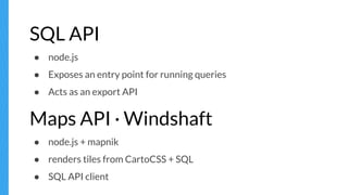 SQL API
● node.js
● Exposes an entry point for running queries
● Acts as an export API
Maps API · Windshaft
● node.js + mapnik
● renders tiles from CartoCSS + SQL
● SQL API client
 