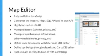 Map Editor
● Ruby on Rails + JavaScript
● Consumes the Imports, Maps, SQL API and its own API
● Highly focused on UX-UI
● Manage datasets (schema, privacy, etc)
● Manage maps (basemap, infowindows,
other visual elements, privacy, etc)
● Define layer data source with filters and SQL editor
● Define symbology through wizards and CartoCSS editor
● Publish maps as embeds, links or with CartoDB.js
 