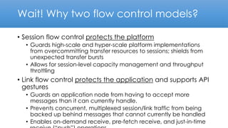 Wait! Why two flow control models?
• Session flow control protects the platform
• Guards high-scale and hyper-scale platform implementations
from overcommitting transfer resources to sessions; shields from
unexpected transfer bursts
• Allows for session-level capacity management and throughput
throttling
• Link flow control protects the application and supports API
gestures
• Guards an application node from having to accept more
messages than it can currently handle.
• Prevents concurrent, multiplexed session/link traffic from being
backed up behind messages that cannot currently be handled
• Enables on-demand receive, pre-fetch receive, and just-in-time
 