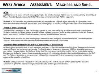 ASSESSMENT:
AQIM
AQIM continued its public outreach campaign during the Eid al Aidha holidays. AQIM’s head of Judicial Authority, Sheikh Abu al
Hasan Rashid al Bulaydi, released an Eid al Adha video sermon preaching to AQIM’s supporters.
Outlook: AQIM will remain the predominant jihadist group based in the Maghreb region, especially in Algeria and Tunisia,
because of its historical network. Recent shifts from smaller groups to ISIS will challenge AQIM, but not sufficiently weaken it.
Ansar al Sharia (Tunisia)
Tunisian military operations to clear the Kef region appear to have been ineffective as militants continue to operate there.
Similarly, the Uqba Ibn Nafa’a Brigade, an AQIM affiliate, released pictures of its Eid al Adha celebration in the Mt. Chaambi
region, even though Tunisian officials announced the group’s defeat this past summer.
Outlook: Ansar al Sharia and other similar groups will maintain their stronghold in the mountains until Tunisian forces can
support a large operation to thoroughly locate and eliminate the established camps there.
Associated Movements in the Sahel (Ansar al Din, al Murabitoun)
Al Qaeda-linked groups continue to push operations southward in Mali, taking advantage of continued disagreements between
separatist Tuareg and pro-government groups. The Coordination of Movements of Azawad (CMA), a separatist rebel group,
and Imghad Tuareg and Allies Self-Defense Group (GATIA), a pro-government militia, met for the first time in Mali’s capital,
Bamako, and pledged to respect the June ceasefire agreement. A ministerial delegation also mediated talks between the CMA
and The Platform, a coalition of pro-government militias which includes GATIA, to encourage communication between the
groups and a ceasefire of hostilities.
Outlook: Mali’s government will seek to reestablish authority in the north to prevent further violations of the ceasefire
agreement in light of this week’s meetings between the CMA and pro-government militias.
10
MAGHREB AND SAHELWEST AFRICA
 