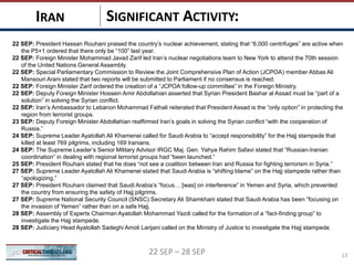 SIGNIFICANT ACTIVITY:IRAN
13
22 SEP: President Hassan Rouhani praised the country’s nuclear achievement, stating that “6,000 centrifuges” are active when
the P5+1 ordered that there only be “100” last year.
22 SEP: Foreign Minister Mohammad Javad Zarif led Iran’s nuclear negotiations team to New York to attend the 70th session
of the United Nations General Assembly.
22 SEP: Special Parliamentary Commission to Review the Joint Comprehensive Plan of Action (JCPOA) member Abbas Ali
Mansouri Arani stated that two reports will be submitted to Parliament if no consensus is reached.
22 SEP: Foreign Minister Zarif ordered the creation of a “JCPOA follow-up committee” in the Foreign Ministry.
22 SEP: Deputy Foreign Minister Hossein Amir Abdollahian asserted that Syrian President Bashar al Assad must be “part of a
solution” in solving the Syrian conflict.
22 SEP: Iran’s Ambassador to Lebanon Mohammad Fathali reiterated that President Assad is the “only option” in protecting the
region from terrorist groups.
23 SEP: Deputy Foreign Minister Abdollahian reaffirmed Iran’s goals in solving the Syrian conflict “with the cooperation of
Russia.”
24 SEP: Supreme Leader Ayatollah Ali Khamenei called for Saudi Arabia to “accept responsibility” for the Hajj stampede that
killed at least 769 pilgrims, including 169 Iranians.
24 SEP: The Supreme Leader’s Senior Military Advisor IRGC Maj. Gen. Yahya Rahim Safavi stated that “Russian-Iranian
coordination” in dealing with regional terrorist groups had “been launched.”
25 SEP: President Rouhani stated that he does “not see a coalition between Iran and Russia for fighting terrorism in Syria.”
27 SEP: Supreme Leader Ayatollah Ali Khamenei stated that Saudi Arabia is “shifting blame” on the Hajj stampede rather than
“apologizing.”
27 SEP: President Rouhani claimed that Saudi Arabia’s “focus… [was] on interference” in Yemen and Syria, which prevented
the country from ensuring the safety of Hajj pilgrims.
27 SEP: Supreme National Security Council (SNSC) Secretary Ali Shamkhani stated that Saudi Arabia has been “focusing on
the invasion of Yemen” rather than on a safe Hajj.
28 SEP: Assembly of Experts Chairman Ayatollah Mohammad Yazdi called for the formation of a “fact-finding group” to
investigate the Hajj stampede.
28 SEP: Judiciary Head Ayatollah Sadeghi Amoli Larijani called on the Ministry of Justice to investigate the Hajj stampede.
22 SEP – 28 SEP
 