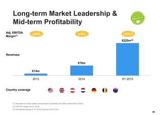 48
Long-term Market Leadership &
Mid-term Profitability
€14m
€70m
€225m(3)
2013 2014 H1 2015
(38)% (18)% (18)%(2)
(1) Adjusted for share based compensation expenses and other extraordinary items
(2) EBITDA margin for H1 2015
(3) Annualized based on H1 2015 revenue of €112.5m
Adj. EBITDA
Margin(1)
Revenues
Country coverage
 