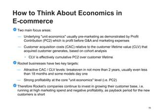 71
Two main focus areas:
— Underlying "unit economics" usually pre-marketing as demonstrated by Profit
Contribution (PC2) which is profit before G&A and marketing expenses
— Customer acquisition costs (CAC) relative to the customer lifetime value (CLV) that
acquired customer generates, based on cohort analysis
• CLV is effectively cumulative PC2 over customer lifetime
Rocket businesses have two key targets:
— Attractive CAC / CLV levels: breakeven in not more than 2 years, usually even less
than 18 months and some models day one
— Strong profitability at the core "unit economics" level (i.e. PC2)
Therefore Rocket’s companies continue to invest in growing their customer base, i.e.
running at high marketing spend and negative profitability, as payback period for the new
customers is short
How to Think About Economics in
E-commerce
 