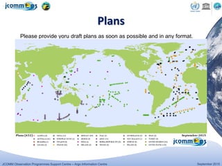 JCOMM Observation Programmes Support Centre – Argo Information Centre September 2015
Plans
Please provide yoru draft plans as soon as possible and in any format.
Standrda JCOMMOPS txt format is gradually used by all programmes:
ID (any);WMO (if exists);LAT;LON;DATE;SHIP;CRUISE
 