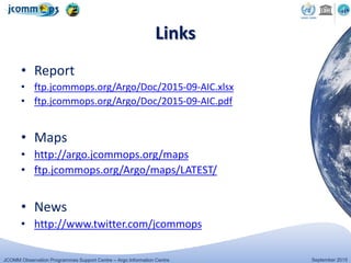 JCOMM Observation Programmes Support Centre – Argo Information Centre September 2015
Links
• Report
• ftp.jcommops.org/Argo/Doc/2015-09-AIC.xlsx
• ftp.jcommops.org/Argo/Doc/2015-09-AIC.pdf
• Maps
• http://argo.jcommops.org/maps
• ftp.jcommops.org/Argo/maps/LATEST/
• News
• http://www.twitter.com/jcommops
 