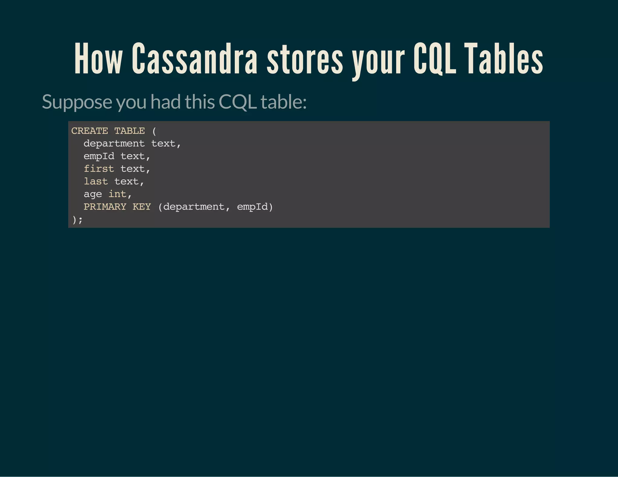 How Cassandra stores your CQL Tables
Suppose you had this CQL table:
CREATETABLE(
departmenttext,
empIdtext,
firsttext,
lasttext,
ageint,
PRIMARYKEY(department,empId)
);
 