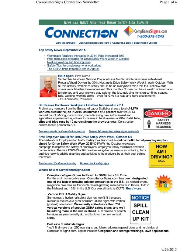 September 2015 ComplianceSigns Connection Workplace Safety Newsletter