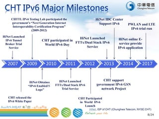 8/24
2007 2009 2010 2011 2012 2013 2014 2017
HiNet IDC Center
Support IPv6
HiNet Launched
IPv6 Tunnel
Broker Trial
Service
HiNet Obtained
“IPv6 Enabled SP
Logo”
CHT participated in
World IPv6 Day
CHTTL IPv6 Testing Lab participated the
government’s “Next Generation Internet
Interoperability Certification Program”
(2009-2012)
HiNet Launched
FTTx/Dual Stack IPv6
Trial Service
CHT support
government IPv6 GSN
network Project
CHT Participated
in World IPv6
Launch
PWLAN and LTE
IPv6 trial run
HiNet online E-
service provide
IPv6 application
HiNet Launched
FTTx/Dual Stack IPv6
Service
CHT released the
IPv6 White Paper
HiNet, ISP of CHT (Chunghwa Telecom, NYSE:CHT)
 