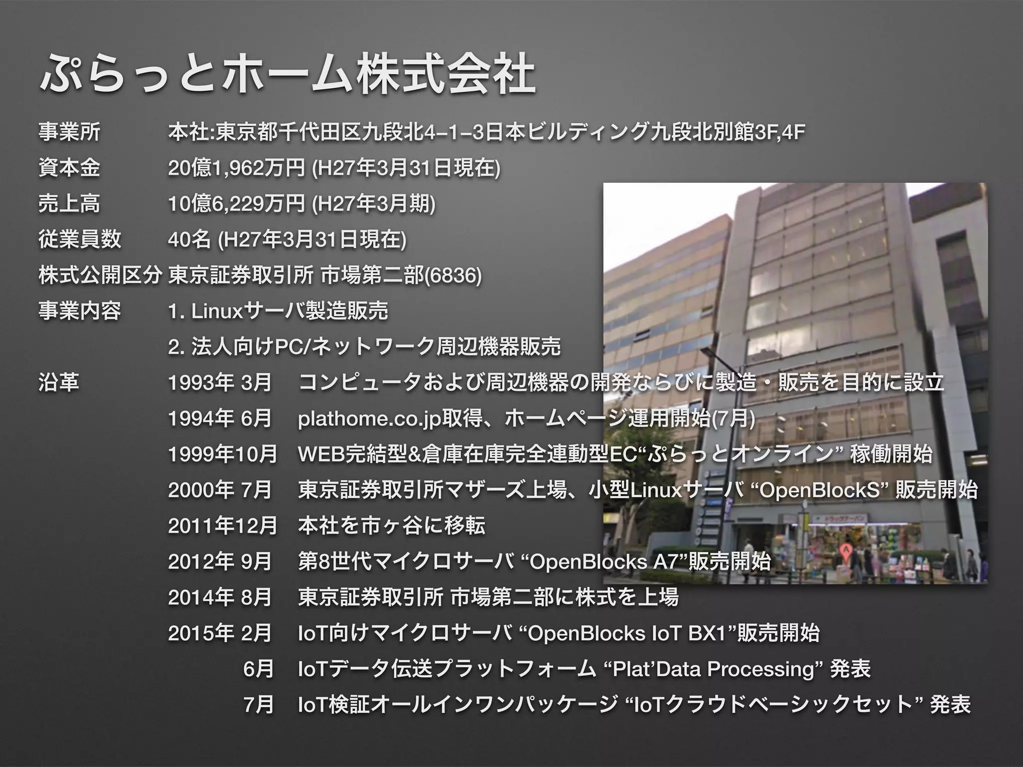 ぷらっとホーム株式会社
事業所 本社:東京都千代田区九段北4−1−3日本ビルディング九段北別館3F,4F
資本金 20億1,962万円 (H27年3月31日現在)
売上高 10億6,229万円 (H27年3月期)
従業員数 40名 (H27年3月31日現在)
株式公開区分 東京証券取引所 市場第二部(6836)
事業内容 1. Linuxサーバ製造販売
2. 法人向けPC/ネットワーク周辺機器販売
沿革 1993年 3月 コンピュータおよび周辺機器の開発ならびに製造・販売を目的に設立
1994年 6月 plathome.co.jp取得、ホームページ運用開始(7月)
1999年10月 WEB完結型&倉庫在庫完全連動型EC“ぷらっとオンライン” 稼働開始
2000年 7月 東京証券取引所マザーズ上場、小型Linuxサーバ “OpenBlockS” 販売開始
2011年12月 本社を市ヶ谷に移転
2012年 9月 第8世代マイクロサーバ “OpenBlocks A7”販売開始
2014年 8月 東京証券取引所 市場第二部に株式を上場
2015年 2月 IoT向けマイクロサーバ “OpenBlocks IoT BX1”販売開始
6月 IoTデータ伝送プラットフォーム “Plat’Data Processing” 発表
7月 IoT検証オールインワンパッケージ “IoTクラウドベーシックセット” 発表
 