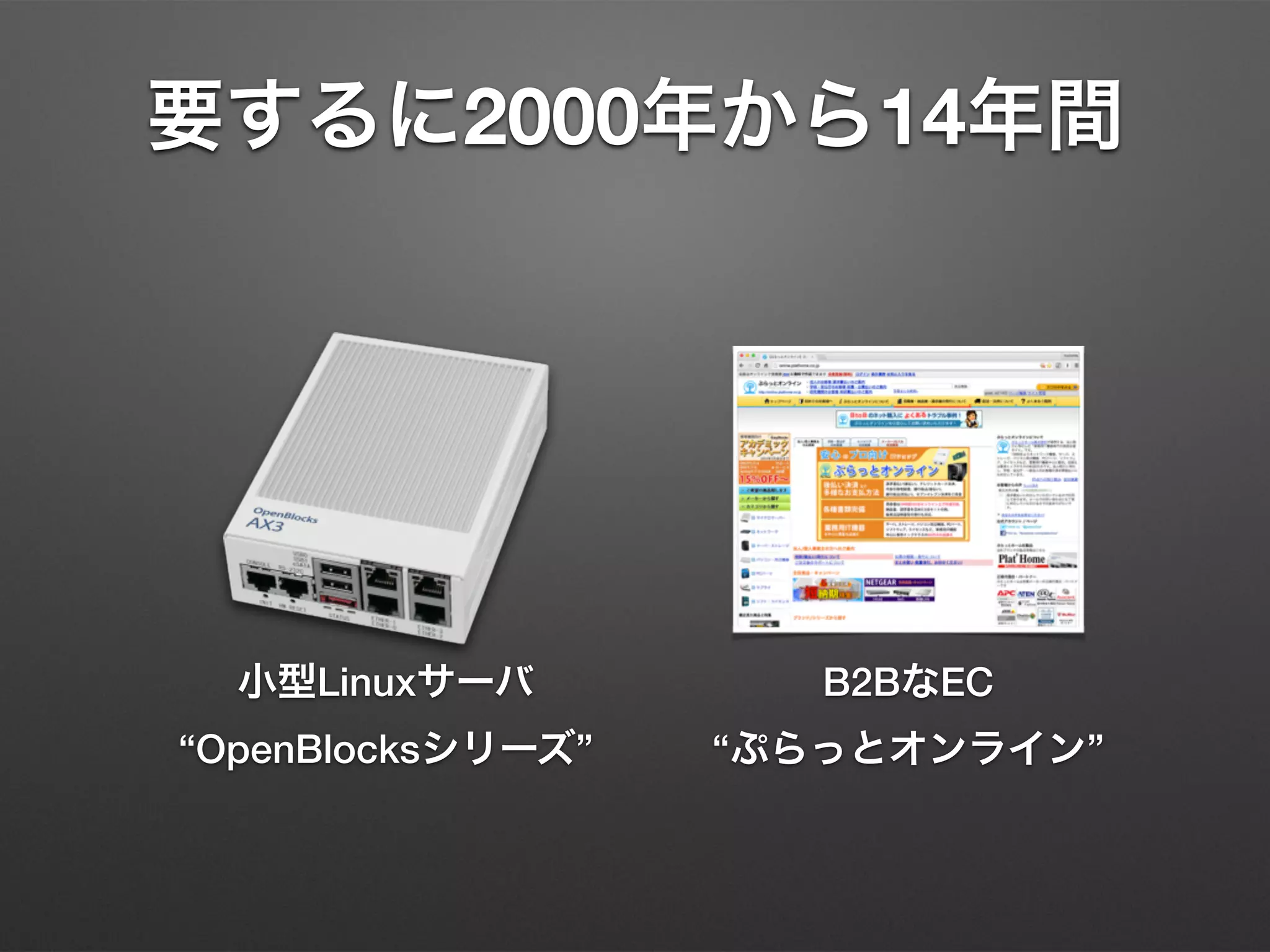 要するに2000年から14年間
B2BなEC
“ぷらっとオンライン”
小型Linuxサーバ
“OpenBlocksシリーズ”
 