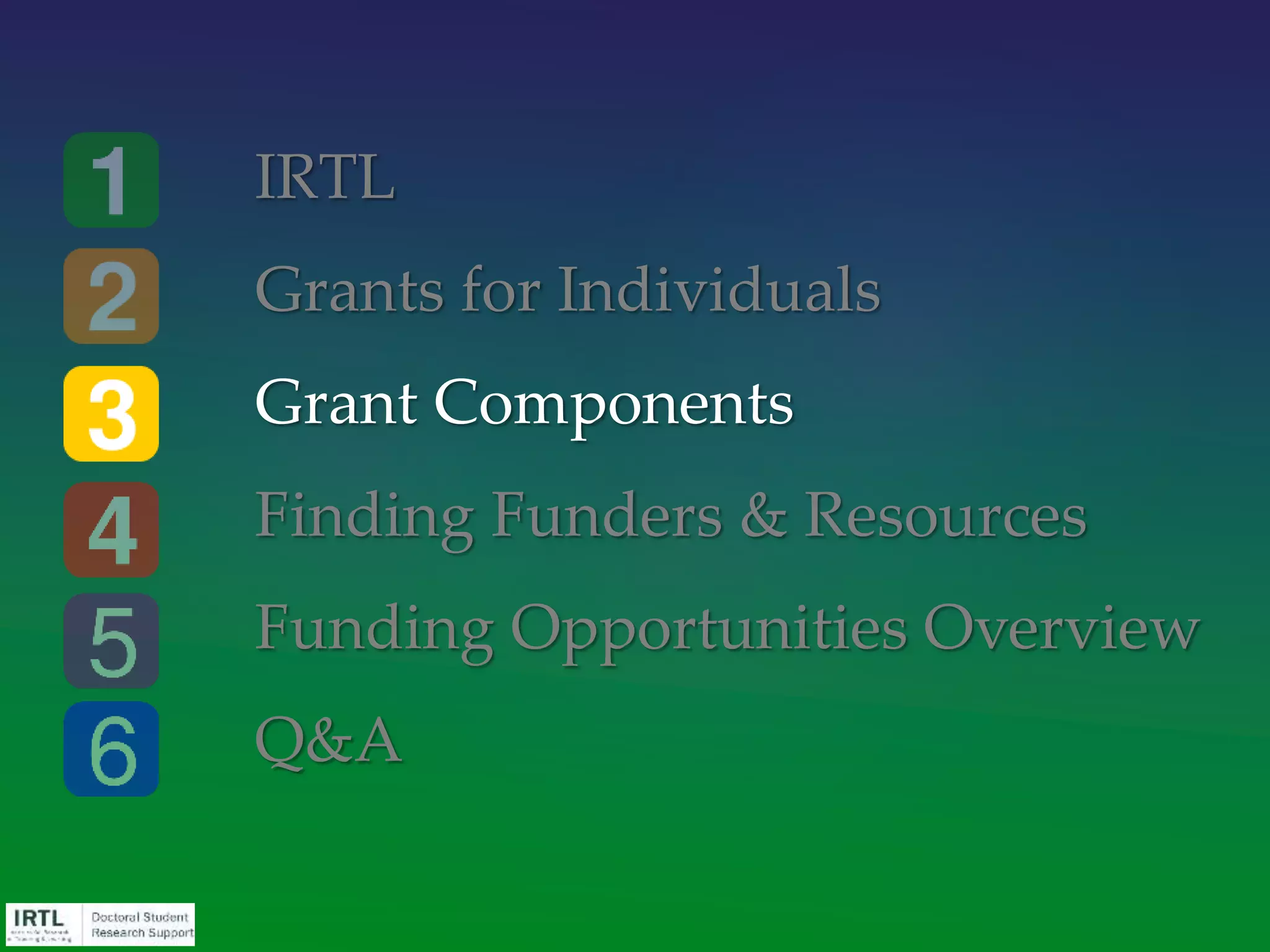 IRTL
Grants for Individuals
Grant Components
Finding Funders & Resources
Funding Opportunities Overview
Q&A
 