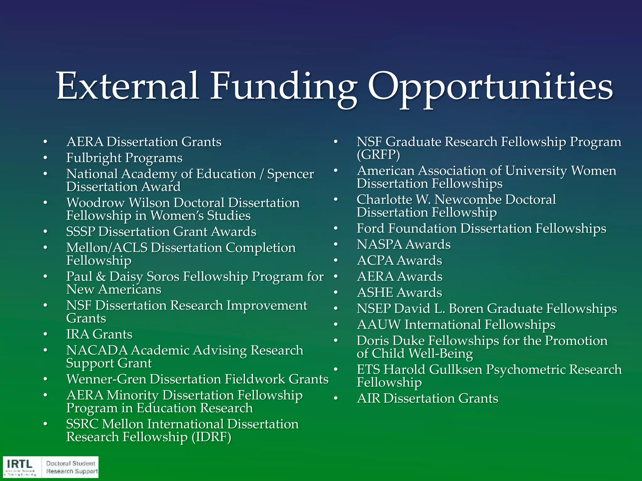 • AERA Dissertation Grants
• Fulbright Programs
• National Academy of Education / Spencer
Dissertation Award
• Woodrow Wilson Doctoral Dissertation
Fellowship in Women’s Studies
• SSSP Dissertation Grant Awards
• Mellon/ACLS Dissertation Completion
Fellowship
• Paul & Daisy Soros Fellowship Program for
New Americans
• NSF Dissertation Research Improvement
Grants
• IRA Grants
• NACADA Academic Advising Research
Support Grant
• Wenner-Gren Dissertation Fieldwork Grants
• AERA Minority Dissertation Fellowship
Program in Education Research
• SSRC Mellon International Dissertation
Research Fellowship (IDRF)
• NSF Graduate Research Fellowship Program
(GRFP)
• American Association of University Women
Dissertation Fellowships
• Charlotte W. Newcombe Doctoral
Dissertation Fellowship
• Ford Foundation Dissertation Fellowships
• NASPAAwards
• ACPAAwards
• AERA Awards
• ASHE Awards
• NSEP David L. Boren Graduate Fellowships
• AAUW International Fellowships
• Doris Duke Fellowships for the Promotion
of Child Well-Being
• ETS Harold Gullksen Psychometric Research
Fellowship
• AIR Dissertation Grants
External Funding Opportunities
 